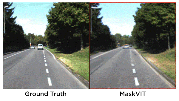 Ground truth video of a road on the left and predicted video with MaskViT on the right