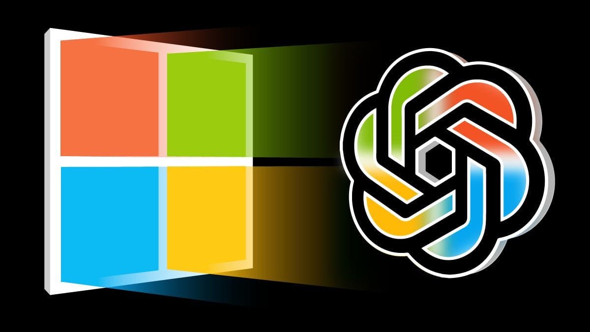 Microsoft logo (left) and ChatGPT logo (right) reflecting the colors of the Microsoft logo