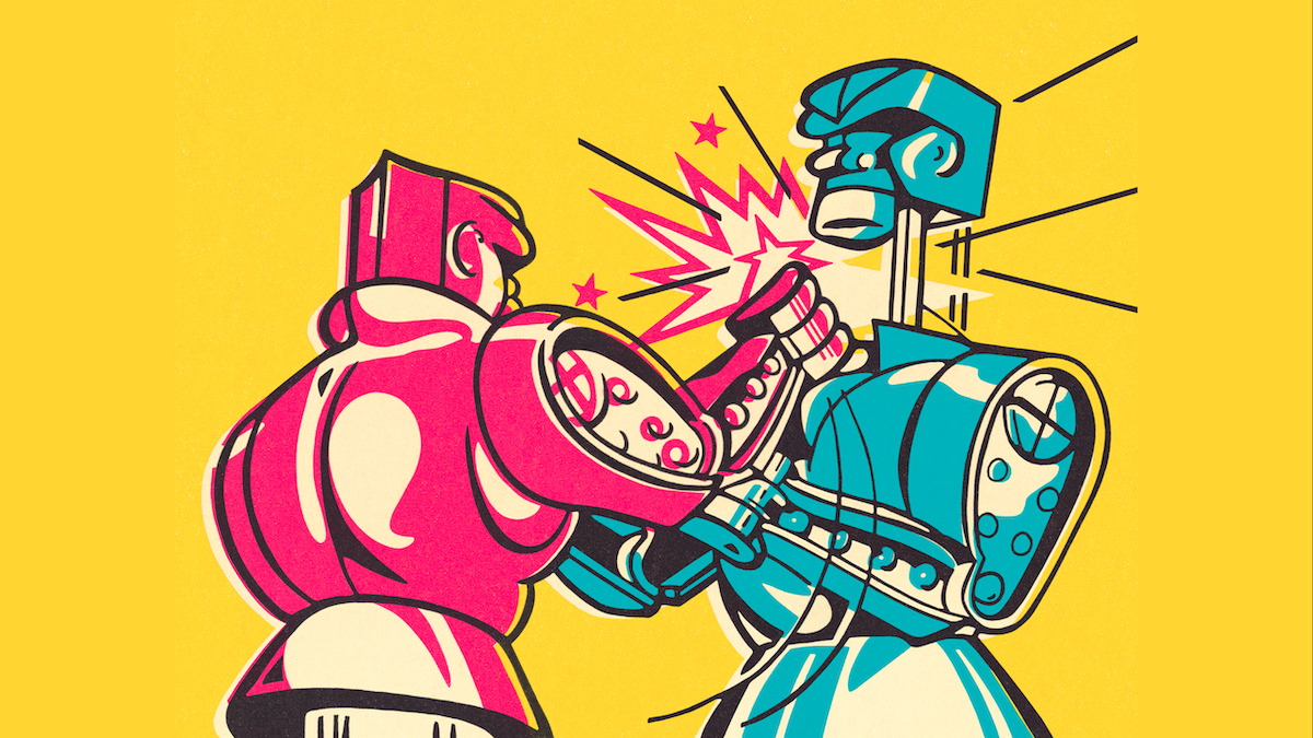 Illustration of two red and blue toy robots fighting with a yellow background