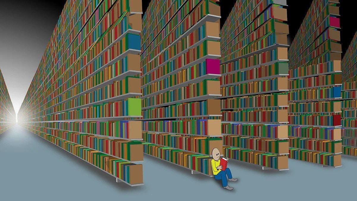 Illustration of a person reading a book in a giant library 