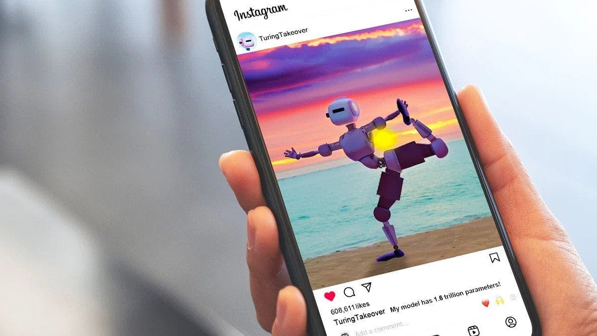 Cellphone displaying an Instagram post with a picture of a robot doing yoga by the sunset