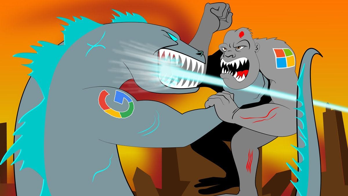 Godzilla with the Google logo and Kong with the Microsoft logo, fighting