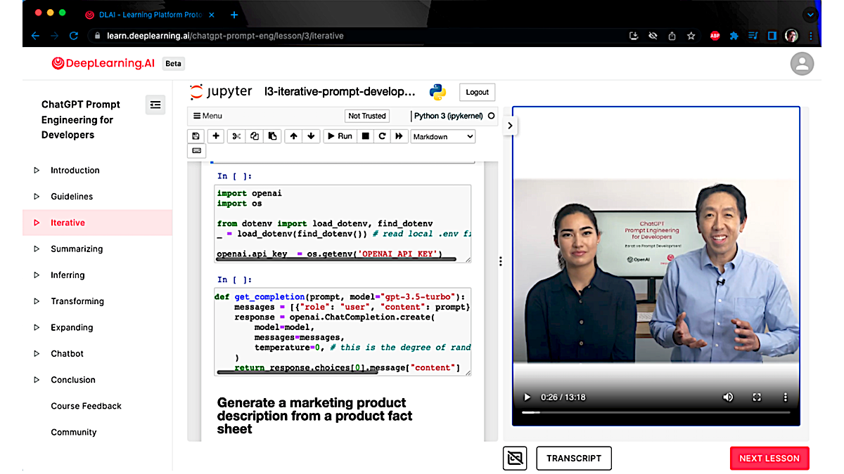 New course — ChatGPT Prompt Engineering for Developers: Learn how to use ChatGPT's API to build applications for text processing, robotic process automation, coaching, and more