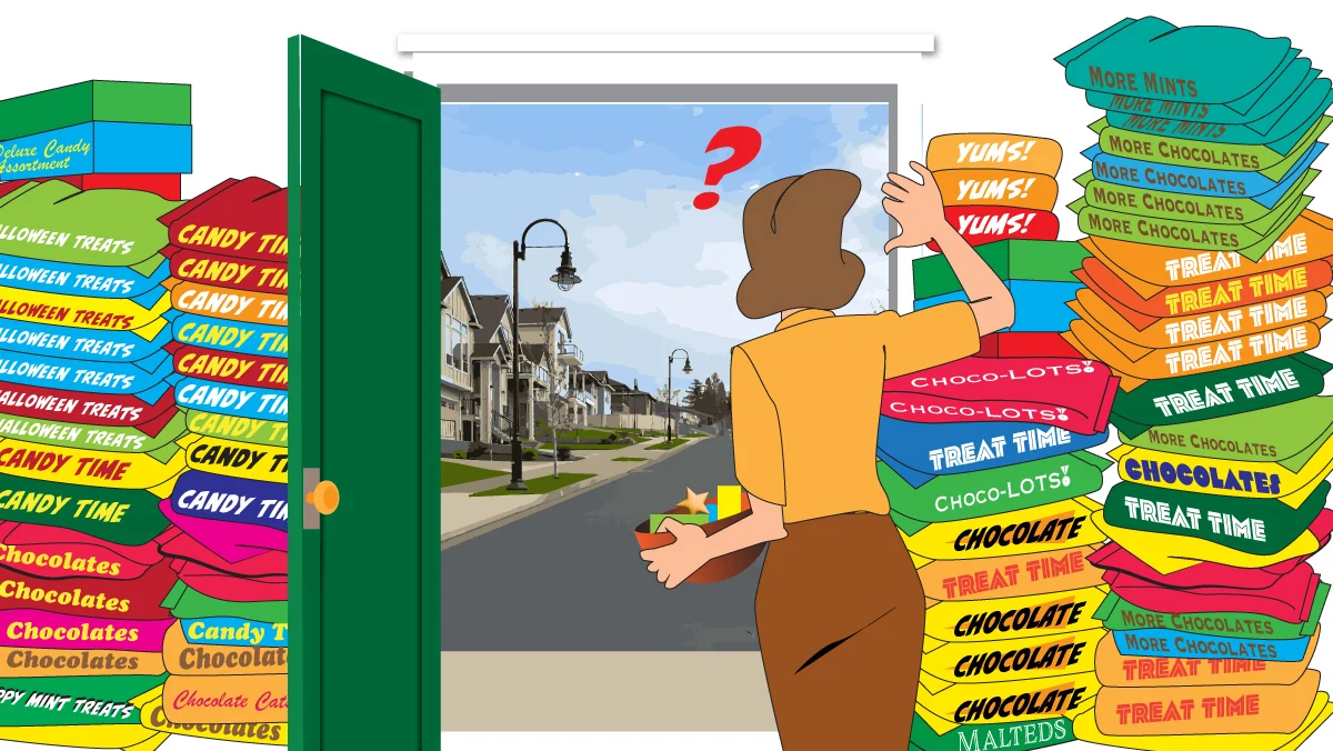 Illustration of a woman peering through her front door, surrounded by plenty of candy and no one to give it to