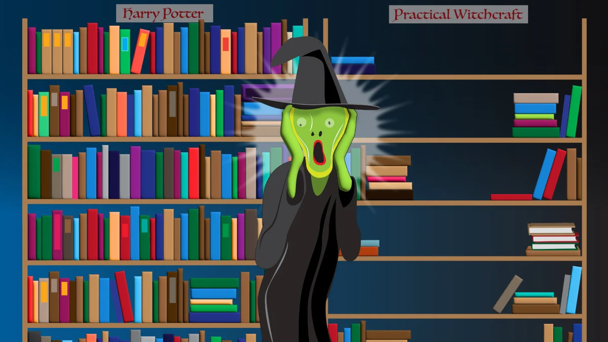 Illustration of a wizard with a facial expression evoking 'The Scream' painting in front of a half-empty bookshelf