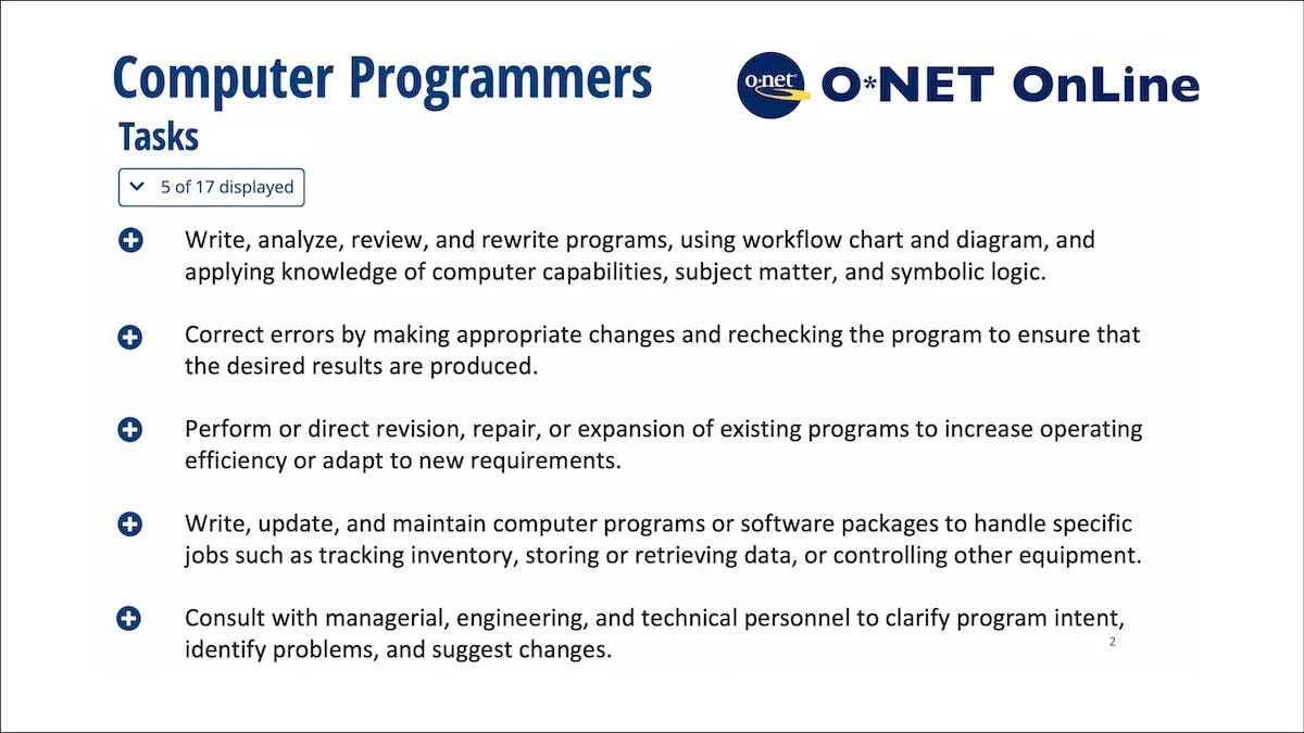 List displaying 5 out of 17 computer programmers tasks by O*NET OnLine
