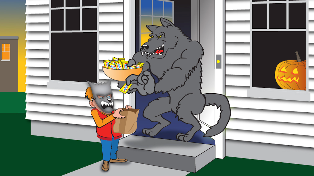 Illustration of a wolf offering candy to a trick-or-treating child