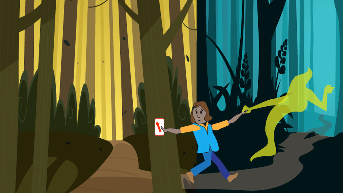 Illustration of a shadow leading a kid to the wrong way in the woods