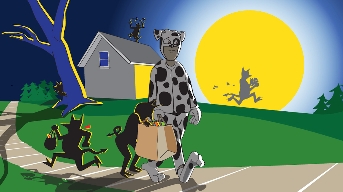 Illustration depicting creatures swiping candy in a moonlit neighborhood