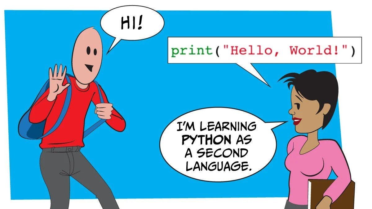 Illustration of two people greeting each other in two languages: English and Python