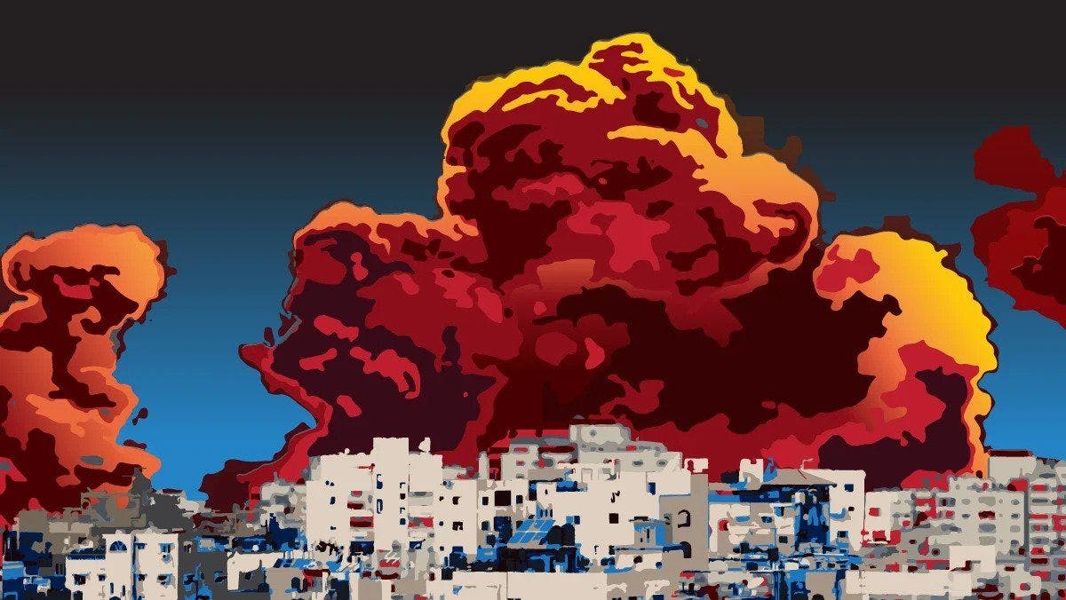 Illustration of a firey cloud over a city