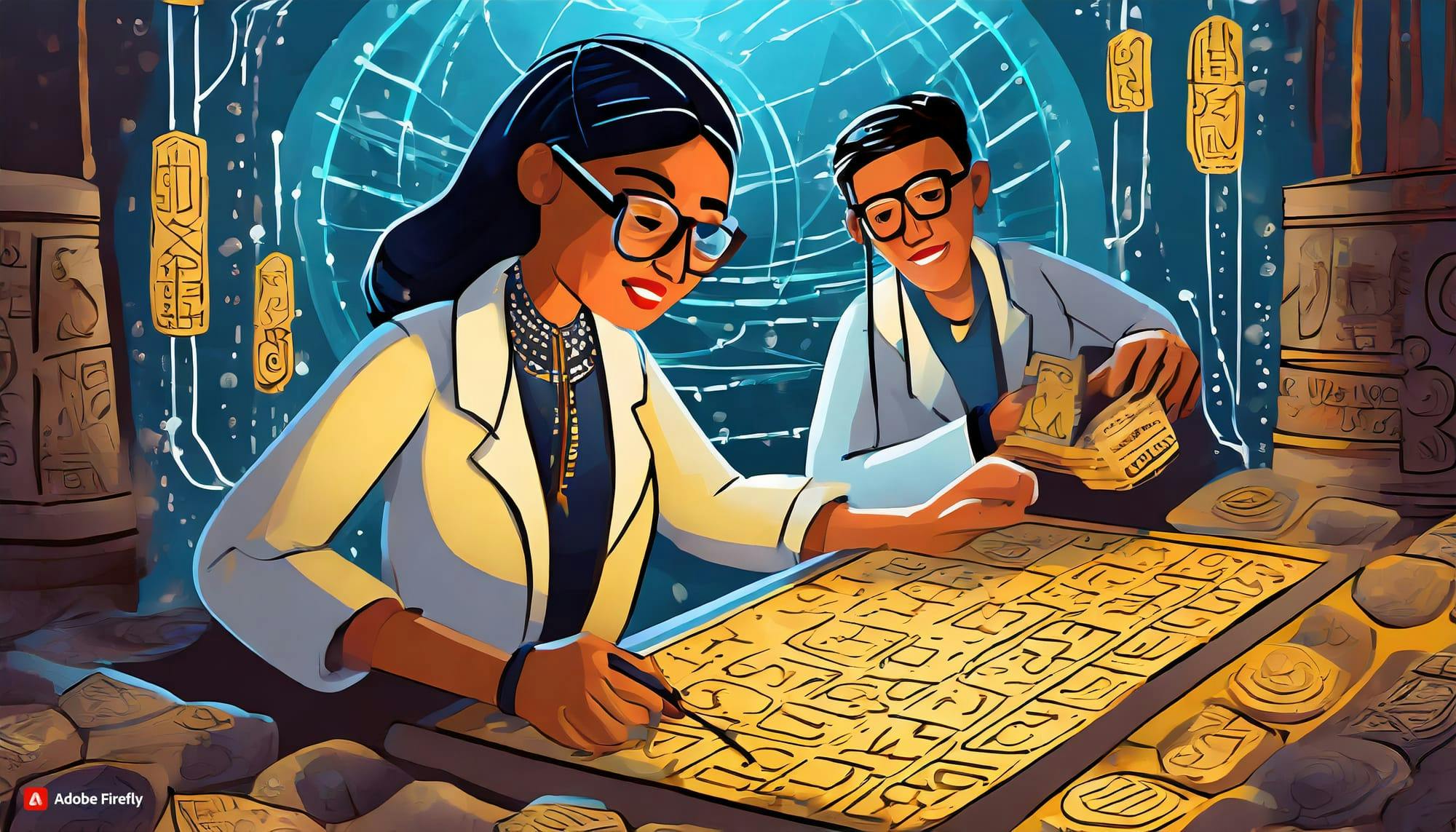 AI-generated illustration of scientists reading cuneiform tablets