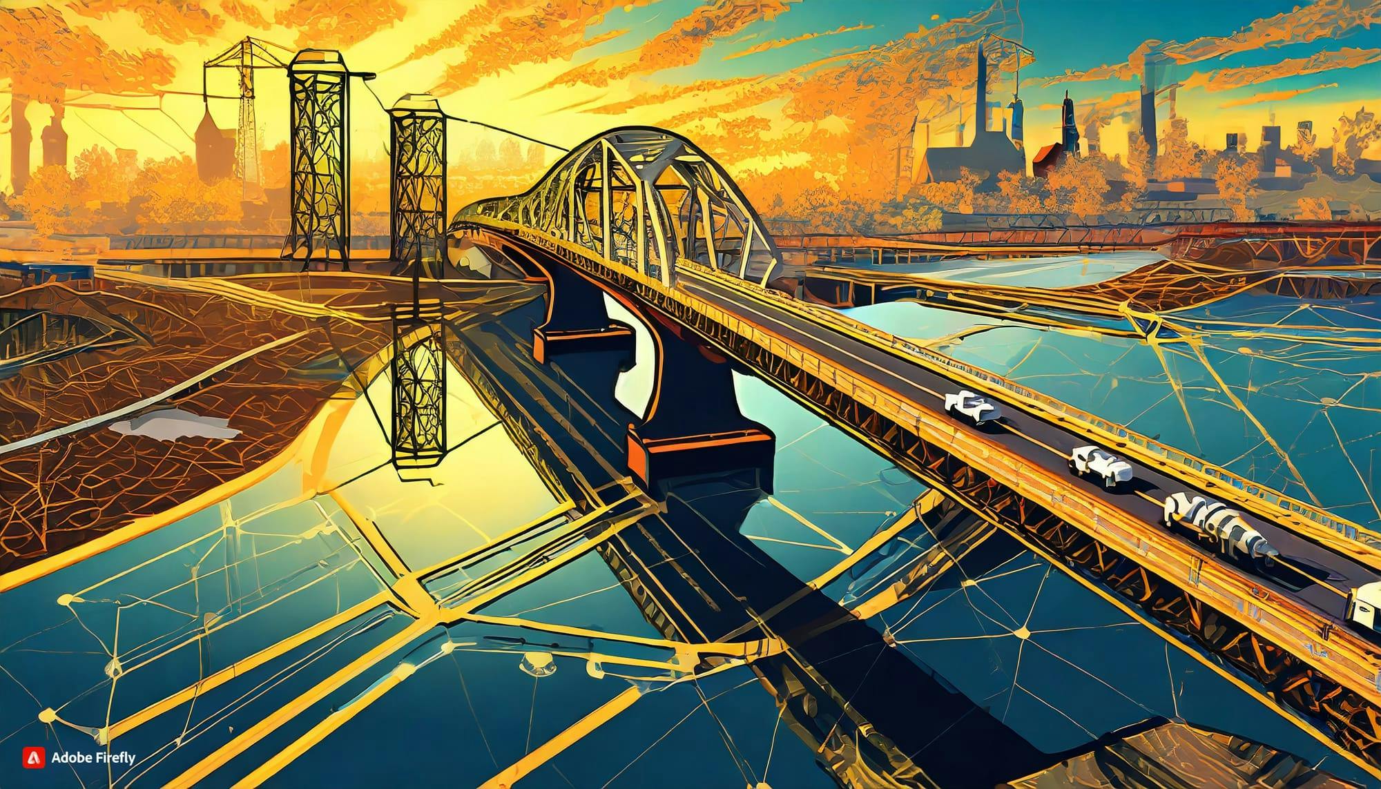 AI-generated illustration of a futuristic bridge in a main city