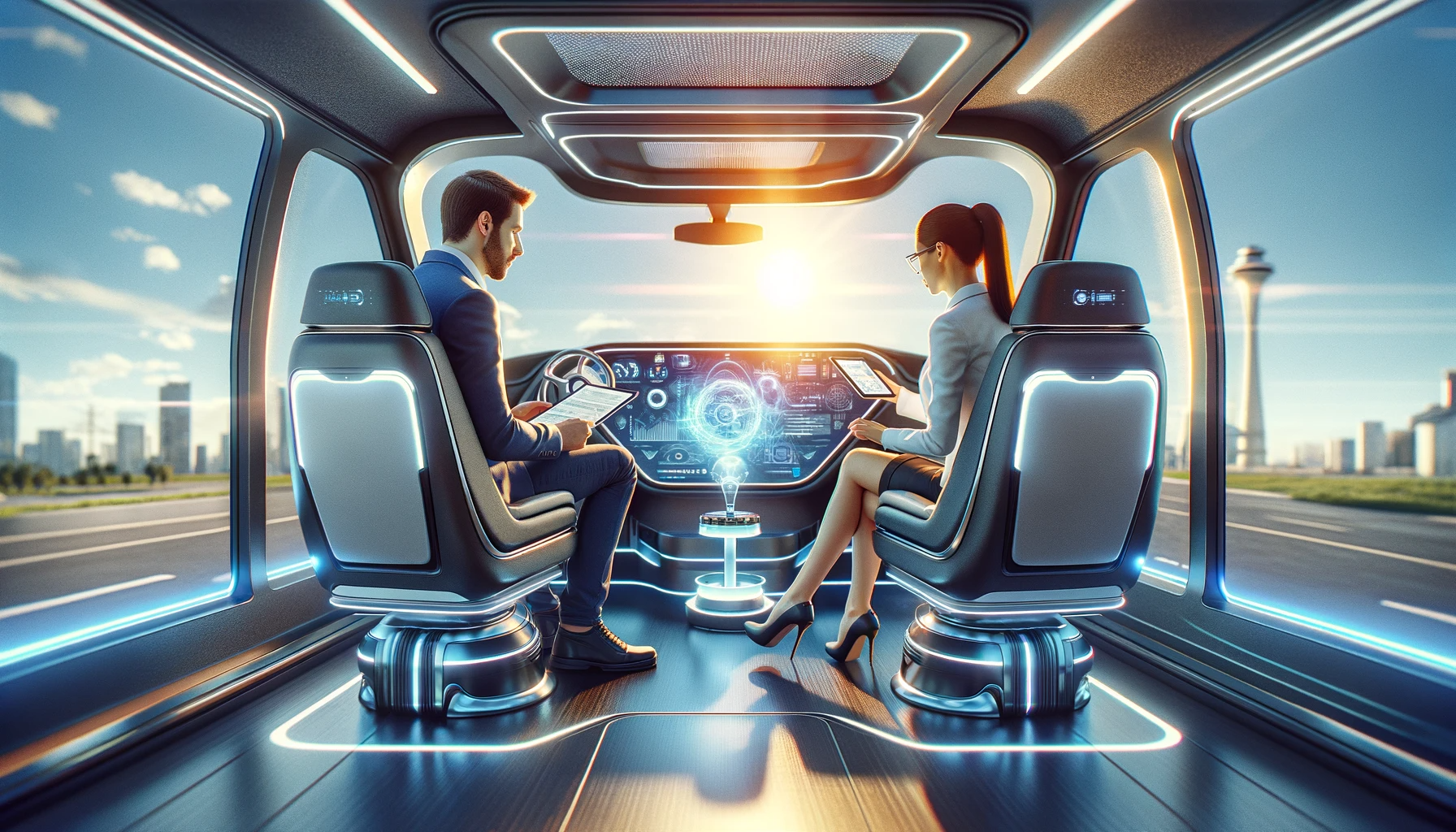 AI-generated image of two executives inside a futuristic robotaxi